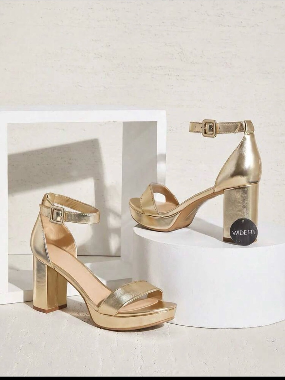 Metallic Gold Ankle-Strap Block Heel Sandals - Women